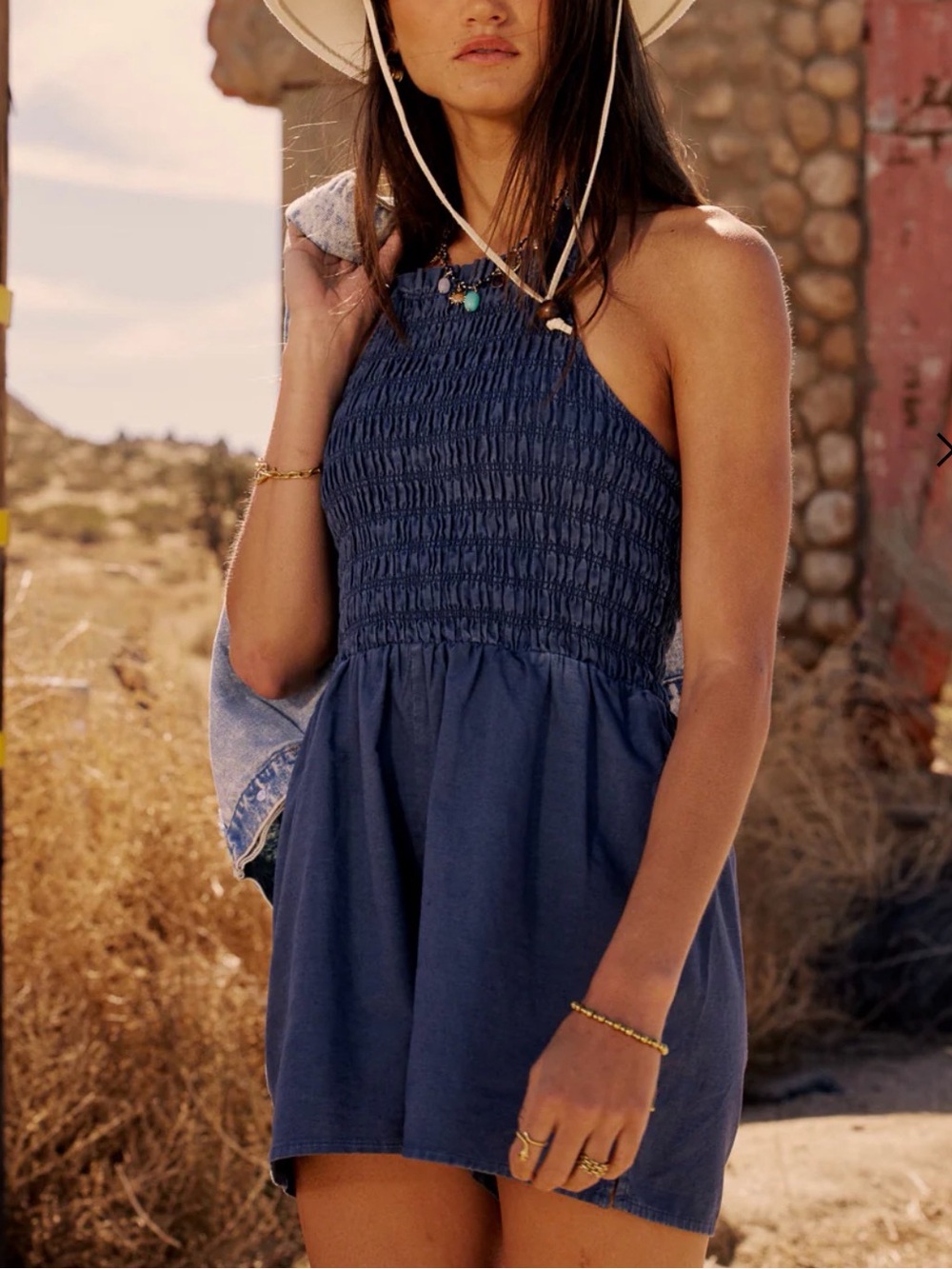 Smocked Halter Romper in Navy